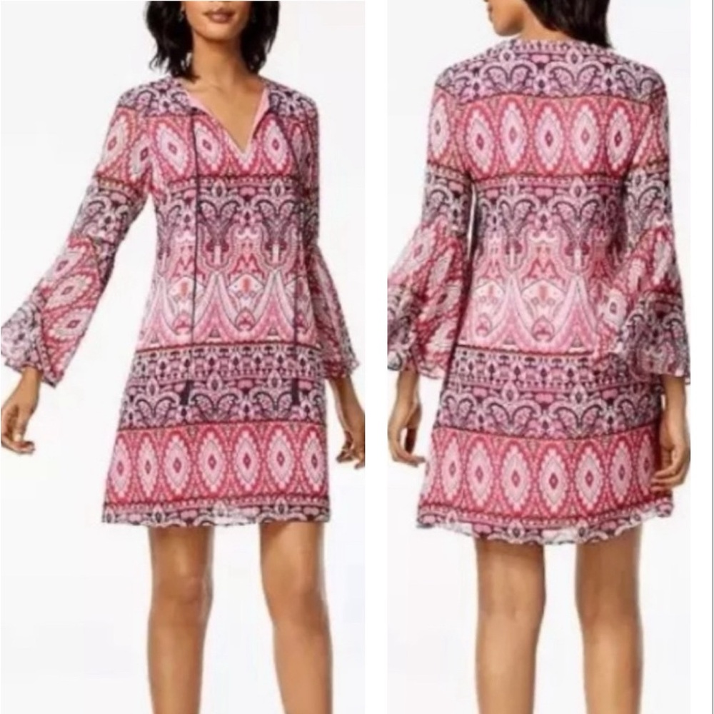 NWT Vince Camuto Tile, Print Bell,Sleeve Dress, Pink Combo Size LG